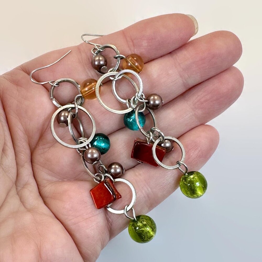 Vintage Boho Earrings: Silver Tone Glass Rainbow Dangle Colorful Long Pierced